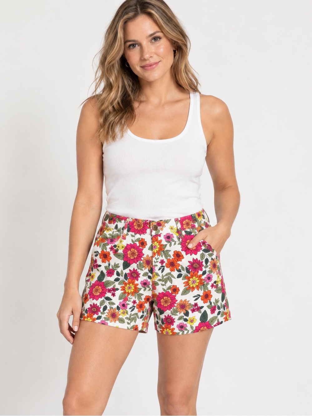 St. John's Bay Women’s Floral Print Shorts – White Multicolor Stretch Cotton